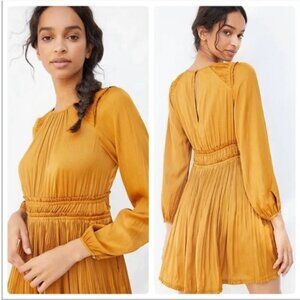 Anthropologie Maeve Saniya Mini Dress Pleated Long Sleeve Gold Women's Small